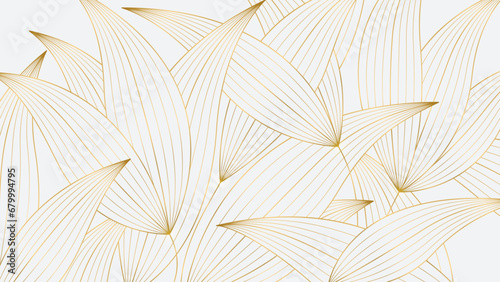 Luxury Gold Leaf Pattern on White Background. Hand-drawn wavy plants for packaging, social media, covers, banners, creative posts, and wall art in Japanese style.