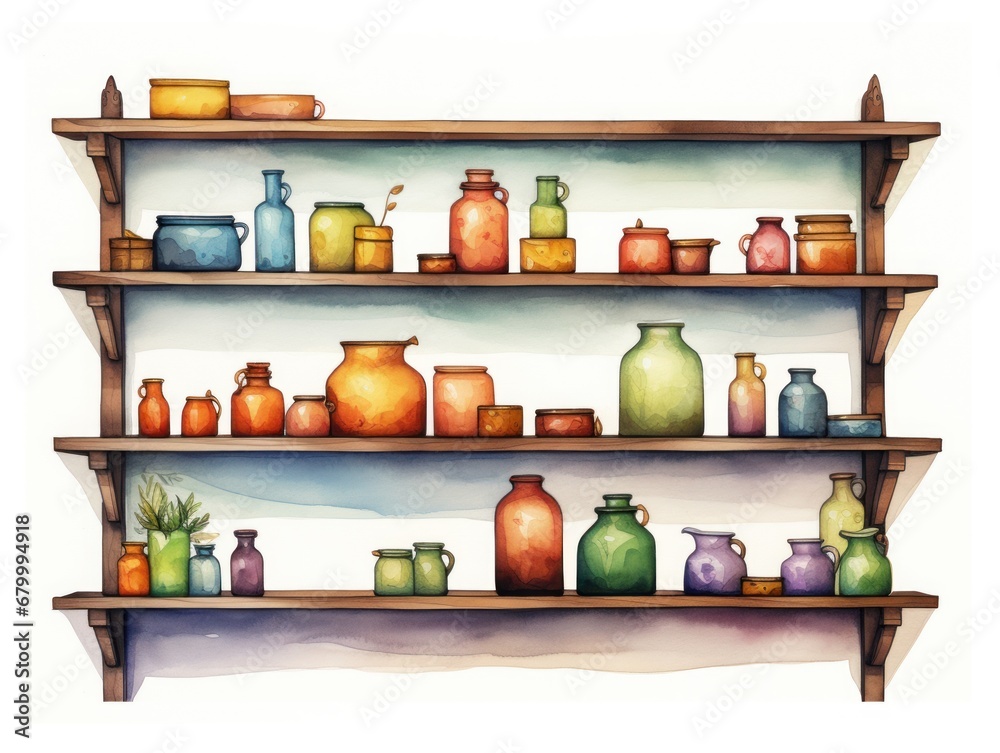 Wooden shelves with jars , watercolor illustration 