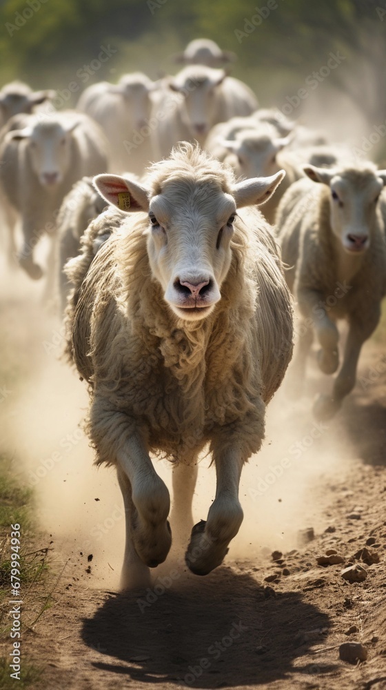 Capture the dynamic movement of a herd of cattle or sheep as they traverse a rural landscape, highlighting the energy and liveliness of the animals, AI generated Capture the dynamic movement of a herd of cattle or sheep as they traverse a rural landscape, highlighting the energy and liveliness of the animals, AI generated