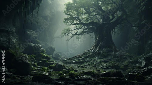 A tree in the heart of a misty, ancient forest, shrouded in mystery © hamad