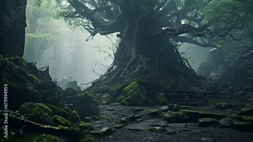 A tree in the heart of a misty  ancient forest  shrouded in mystery