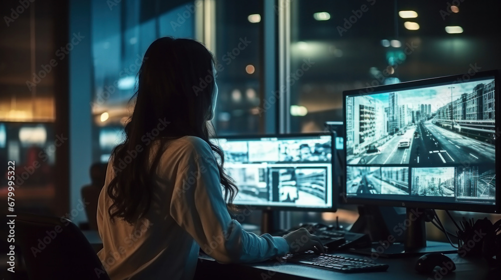 A female software engineers working on laptop with big screen in a modern monitoring office with live CCTV footage with traffic situation at monitoring room. A female software engineers working on laptop with big screen in a modern monitoring office with live CCTV footage with traffic situation at monitoring room.