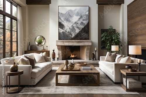 A living room design with minimalistic furniture, natural materials, and a calming, hygge-inspired atmosphere.