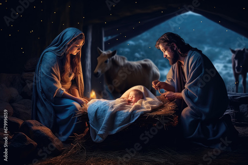 Nativity scene with Mary, Joseph and newborn baby Jesus. Christian Christmas scene with holy family. Birth of Salvation, Messiah, Emmanuel, God with us