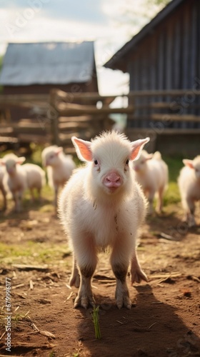 Create a charming image of a barnyard with various livestock, such as chickens, pigs, and goats, coexisting harmoniously in their respective areas, AI generated