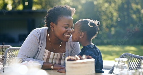 Mother, daughter and nose touch in nature for birthday, garden party and happy celebration in summer. Black people, woman or child with love bonding in smile, cake or smile together in outdoor park