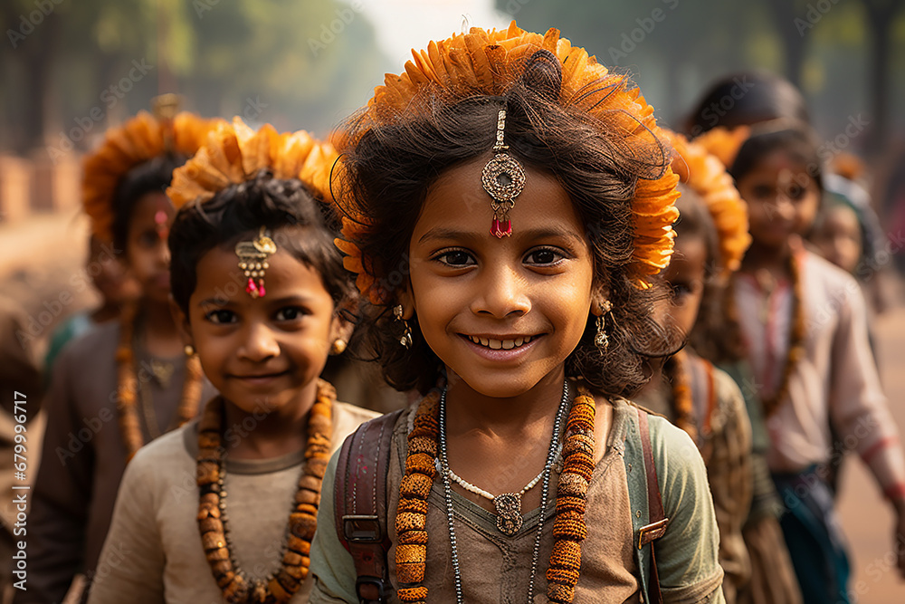 portraits of children of Indian origin celebrating the republic day of india, they are in a gathering of people and there are Indian flags. republic of india - obrazy, fototapety, plakaty 