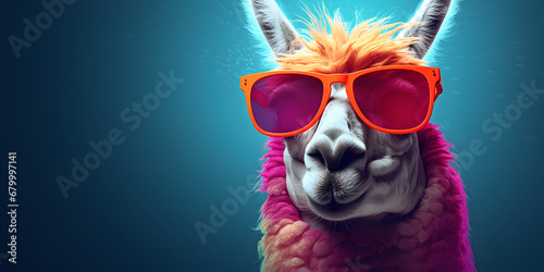 portrait of a lama wearing sunglasses, Copy space on pastel background, Cool and Composed: Lama in Sunglasses, Copy Space on Pastel Background © Boris