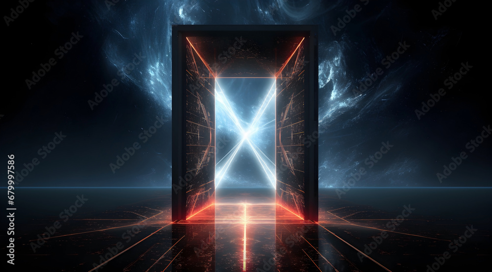 A majestic square gate with blue cross glow acting as a portal to an unknown cosmic adventure. A majestic square gate with blue cross glow acting as a portal to an unknown cosmic adventure.
