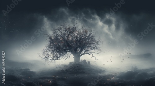 A tree surrounded by dense fog, creating an ethereal atmosphere