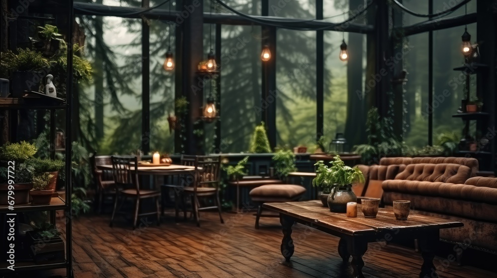 A big cozy wooden coffee shop with wooden tables, Retro style, Forest outside, In rainy day.