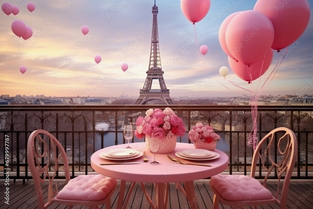 Valentine's Day table set for romantic breakfast in Paris decorated with baloons and flowers. Table on the balcony overlooking the Eiffel Tower - obrazy, fototapety, plakaty 
