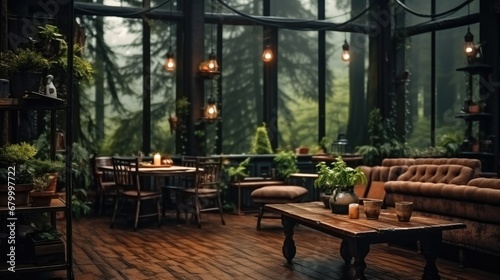 A big cozy wooden coffee shop with wooden tables  Retro style  Forest outside  In rainy day.