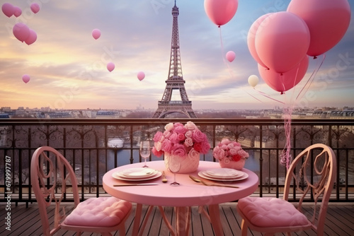 Fotografia Valentine's Day table set for romantic breakfast in Paris decorated with baloons and flowers