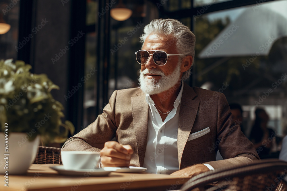 Stylish senior man with beard and sunglasses wearing brown suit drinks coffee at outdoor cafe