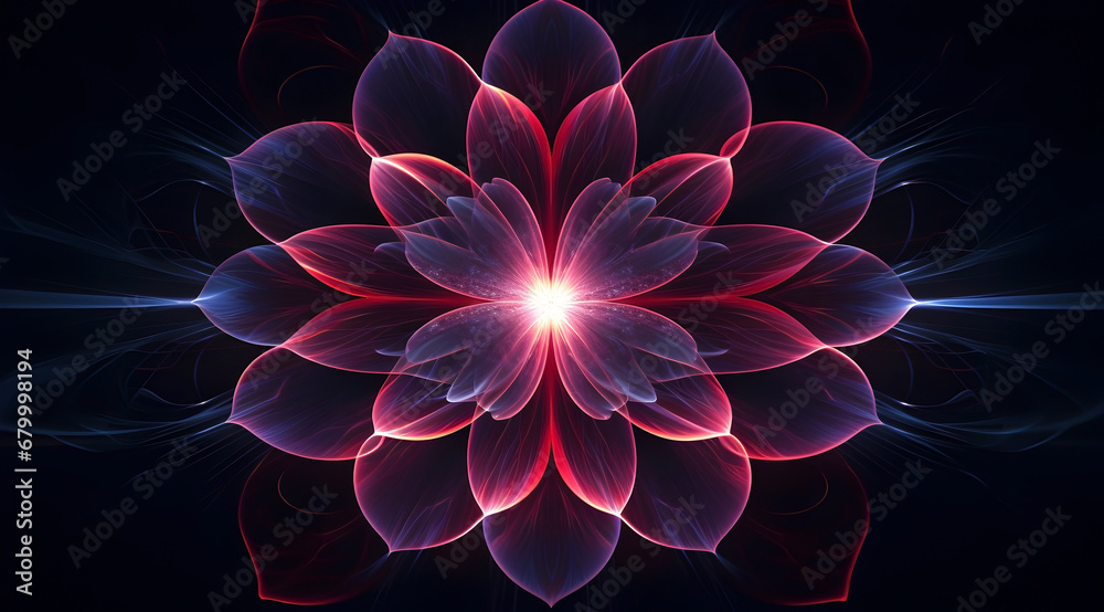 Neon red flower glowing with soft, luminous energy. Abstract space futuristic background. Neon red flower glowing with soft, luminous energy. Abstract space futuristic background.