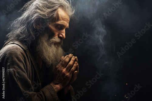 Old man praying in the dark room with his hands folded in prayer photo