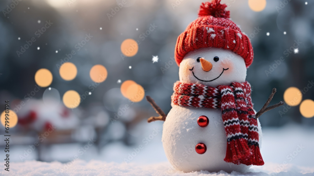 Merry christmas and happy new year. Snowman with a carrot nose, hat, scarf, stick arms and christmas ornaments standing outside on winter scenery snow background. Winter fairytale. Generative ai