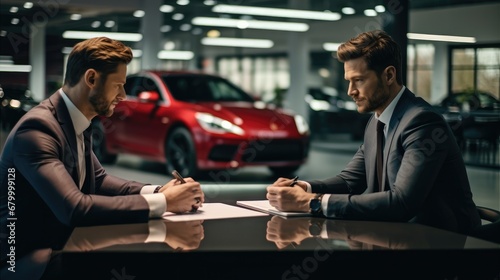 A customers and car dealers both seeing the negotiation paperwork on the table and discussing about the negotiation about vehicle, Sale of vehicles to customers. photo