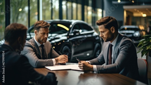 A customers and car dealers both seeing the negotiation paperwork on the table and discussing about the negotiation about vehicle, Sale of vehicles to customers.