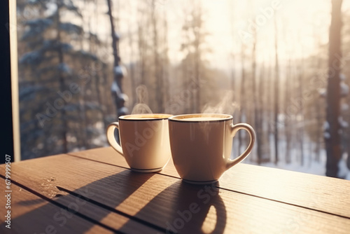 Two steaming cups of coffee on a table against a snowy background.