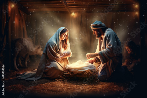 Nativity story - Joseph, Mary and newborn baby Jesus Christ. Christian Christmas scene with holy family in dark blue night. Birth of Salvation, Messiah, Emmanuel, God with us