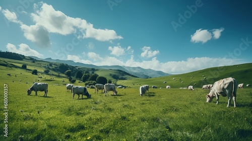 Capture a peaceful scene of livestock, such as cows or sheep, grazing in a lush green pasture against a backdrop of rolling hills and a clear sky, AI generated