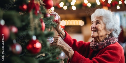 A beautiful elderly woman with a look full of joy decorating a New Year's tree. The lady is smiling and wearing a red sweater.