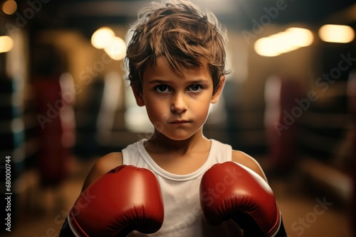 Little boy punching boxing in gym. © visoot