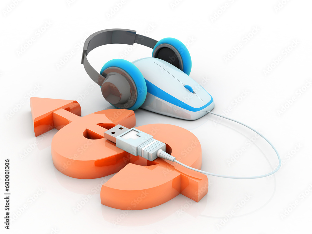3d illustration usd Dollar symbol with mouse connected headphone