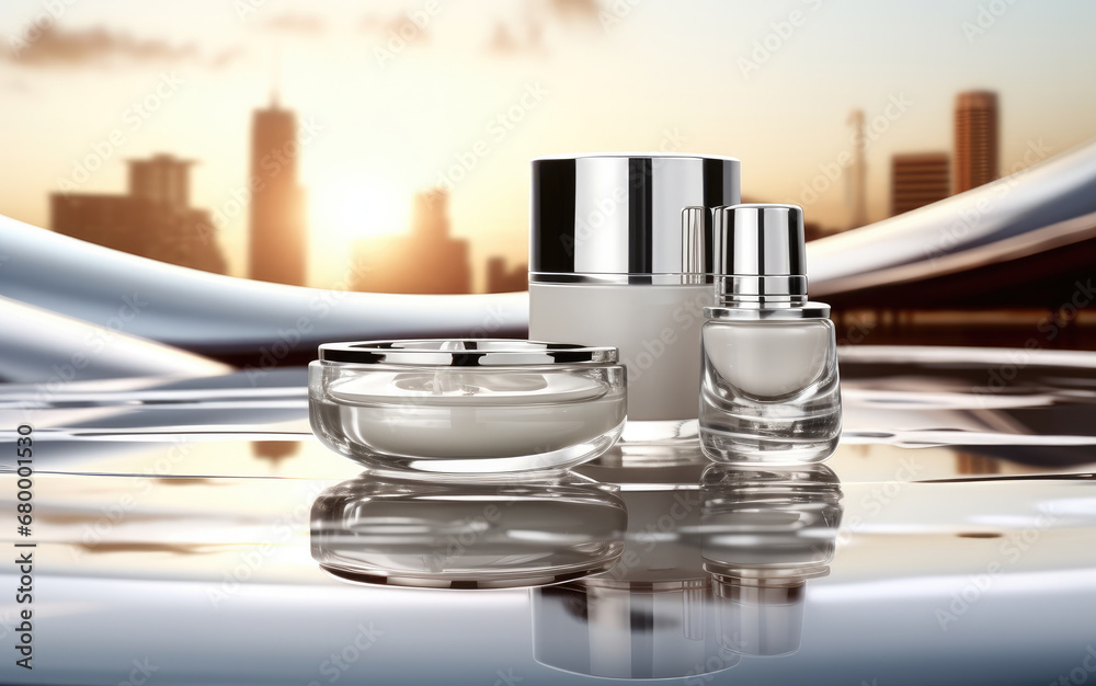 Cosmetics, Minimalist scene of future technology in the high-tech city made of metallic silver. Cosmetics, Minimalist scene of future technology in the high-tech city made of metallic silver.