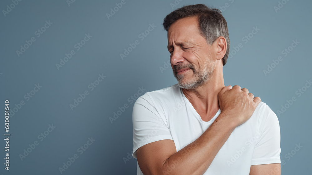 diseases and illnesses - man with face distorted in pain holds one hand at his neck,shoulder or upper arm diseases and illnesses - man with face distorted in pain holds one hand at his neck,shoulder or upper arm