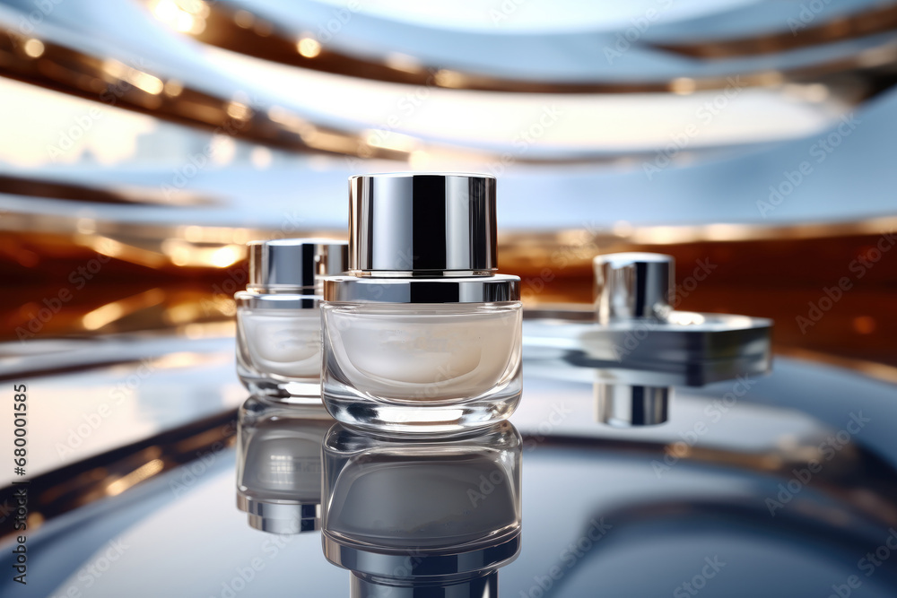Cosmetics, Minimalist scene of future technology in the high-tech city made of metallic silver.