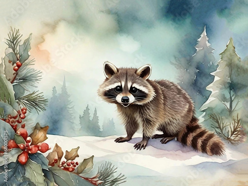 Vintage watercolor style, little cute raccoon on enchanting Christmas winter background. Generative AI