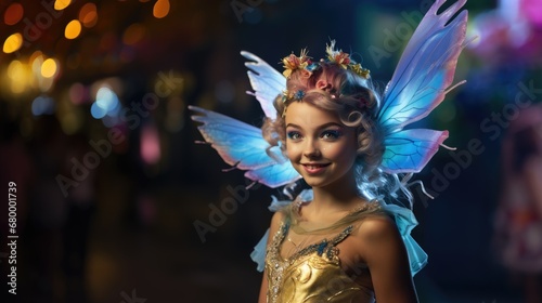 girl dressed up as a fairy, carnival costume, face paint smiling