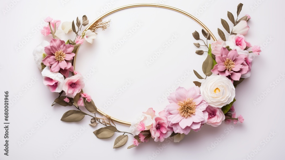 A flower frame with gold outline and pink blooms