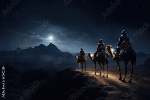 Christmas nativity story. Three wise man on camels against star of Bethlehem in night background. Christian Christmas concept. Birth of Jesus Christ  Salvation  Messiah  Emmanuel  God with us  hope