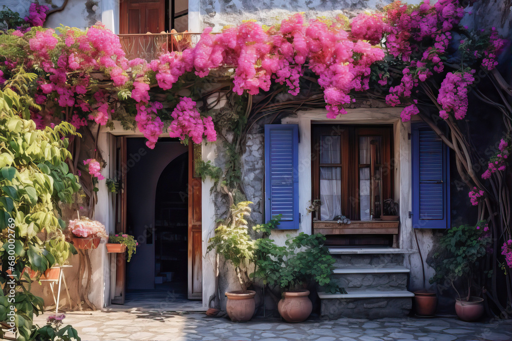 Italian courtyard. A tree with flowers curls around the door
