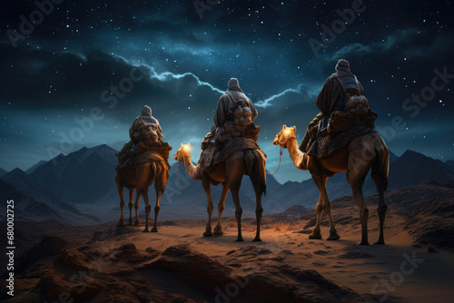 Christmas nativity story. Three wise man on camels against star of Bethlehem in night background. Christian Christmas concept. Birth of Jesus Christ, Salvation, Messiah, Emmanuel, God with us, hope