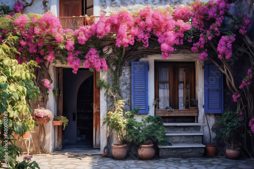 Italian courtyard. A tree with flowers curls around the door  © Olya Fedorova
