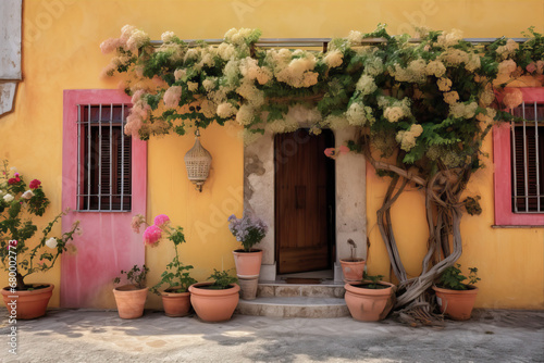 Fototapeta Naklejka Na Ścianę i Meble -  Italian courtyard. A tree with flowers curls around the door
