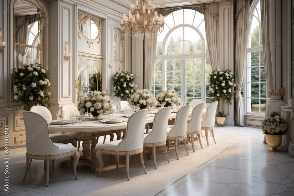 The dining room has an elegant chandelier with white chairs and the style of luxurious drapery. The dining room has an elegant chandelier with white chairs and the style of luxurious drapery.
