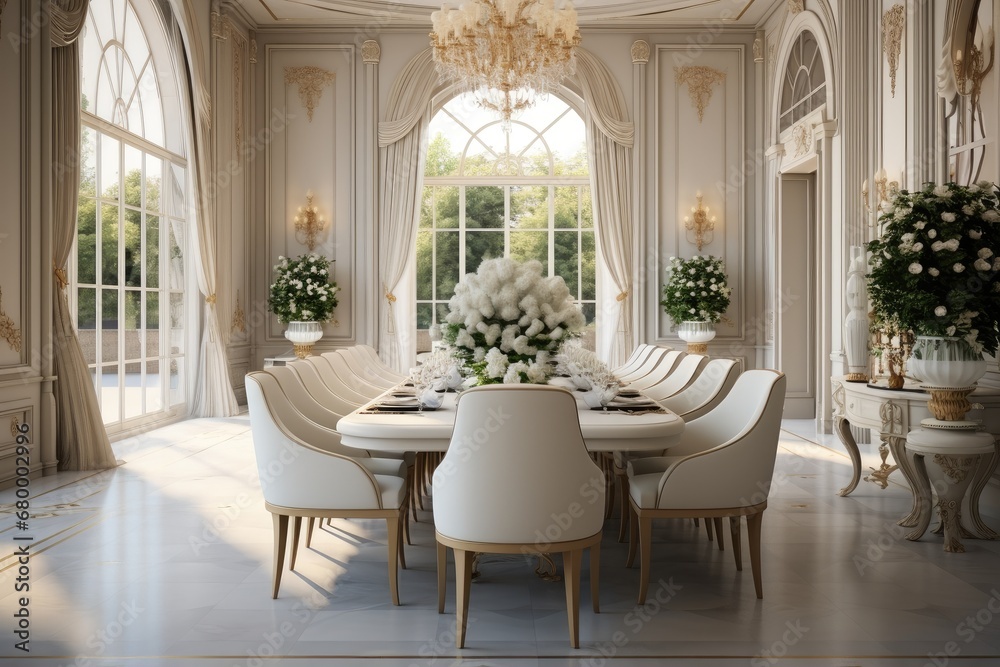 The dining room has an elegant chandelier with white chairs and the style of luxurious drapery. The dining room has an elegant chandelier with white chairs and the style of luxurious drapery.