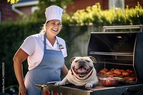 Beautiful female chef with french bulldog on a barbecue grill.
