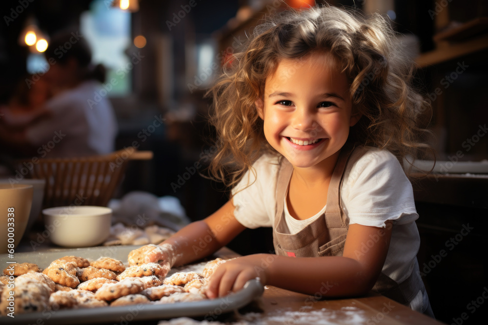 Beautiful little girl in apron and floured hands prepares cookies for baking in the kitchen at home. Family vacations concept. AI generated.