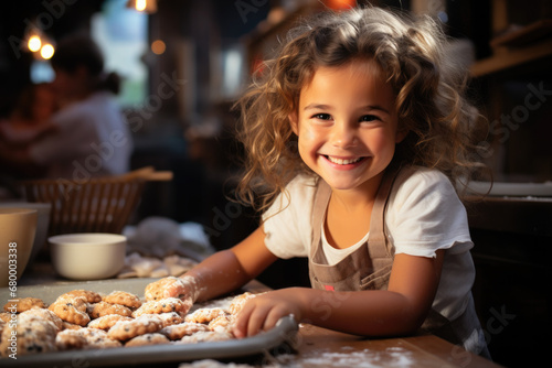Beautiful little girl in apron and floured hands prepares cookies for baking in the kitchen at home. Family vacations concept. AI generated.