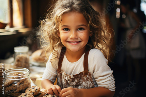 Close-up of cute smiling long-haired girl making cookies in kitchen at home. Family vacations concept. AI generated.