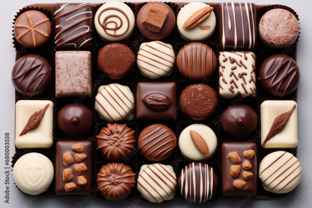 Many chocolates arranged on a table, Top view. Many chocolates arranged on a table, Top view.