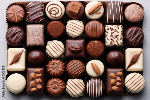Many chocolates arranged on a table, Top view.
