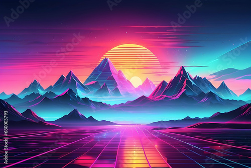 illustration of neon landscape with mountains and sun